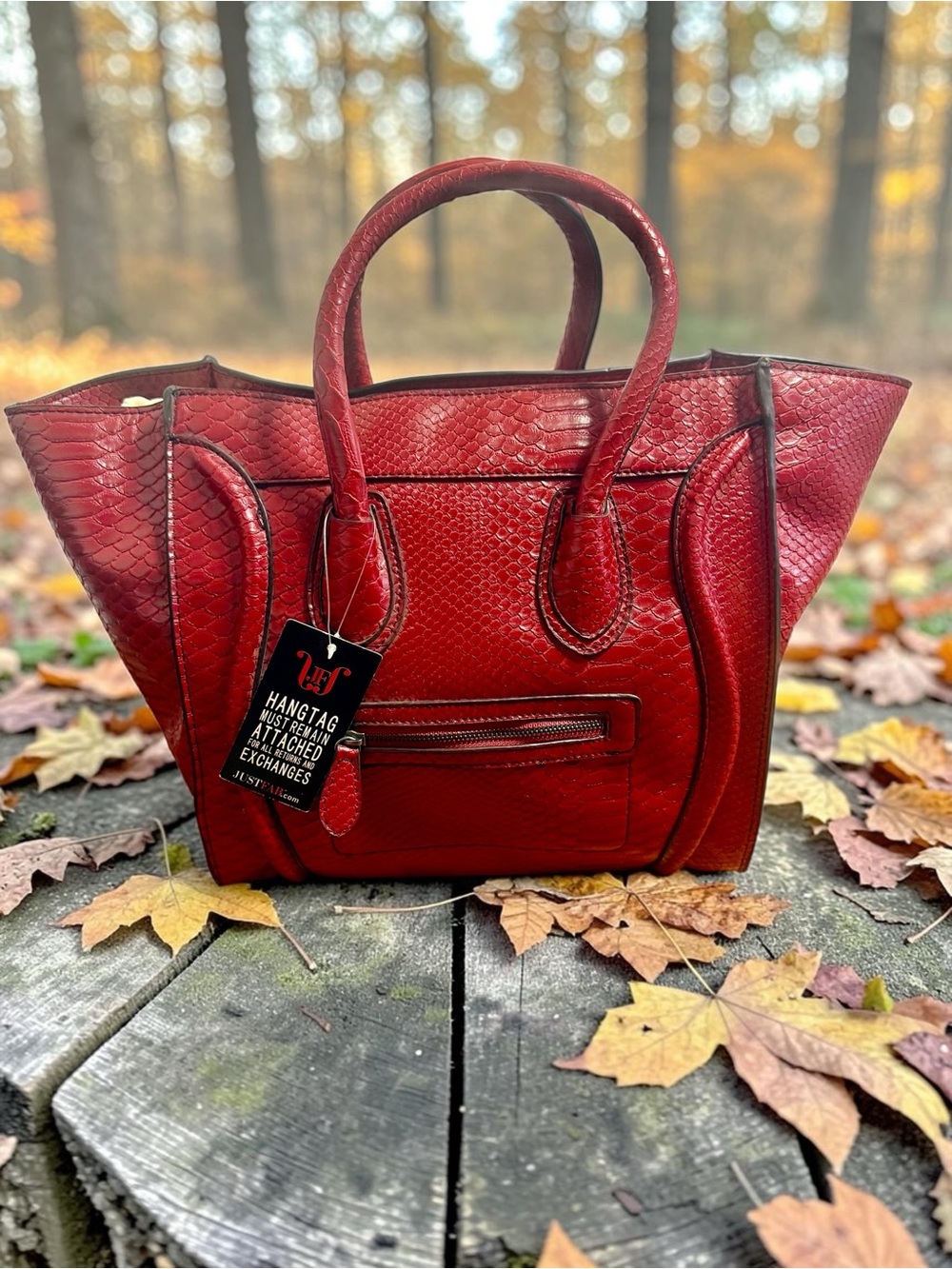 JustFab Red Faux Snakeskin Satchel Tote Shoulder Bag Structured Vegan Leather